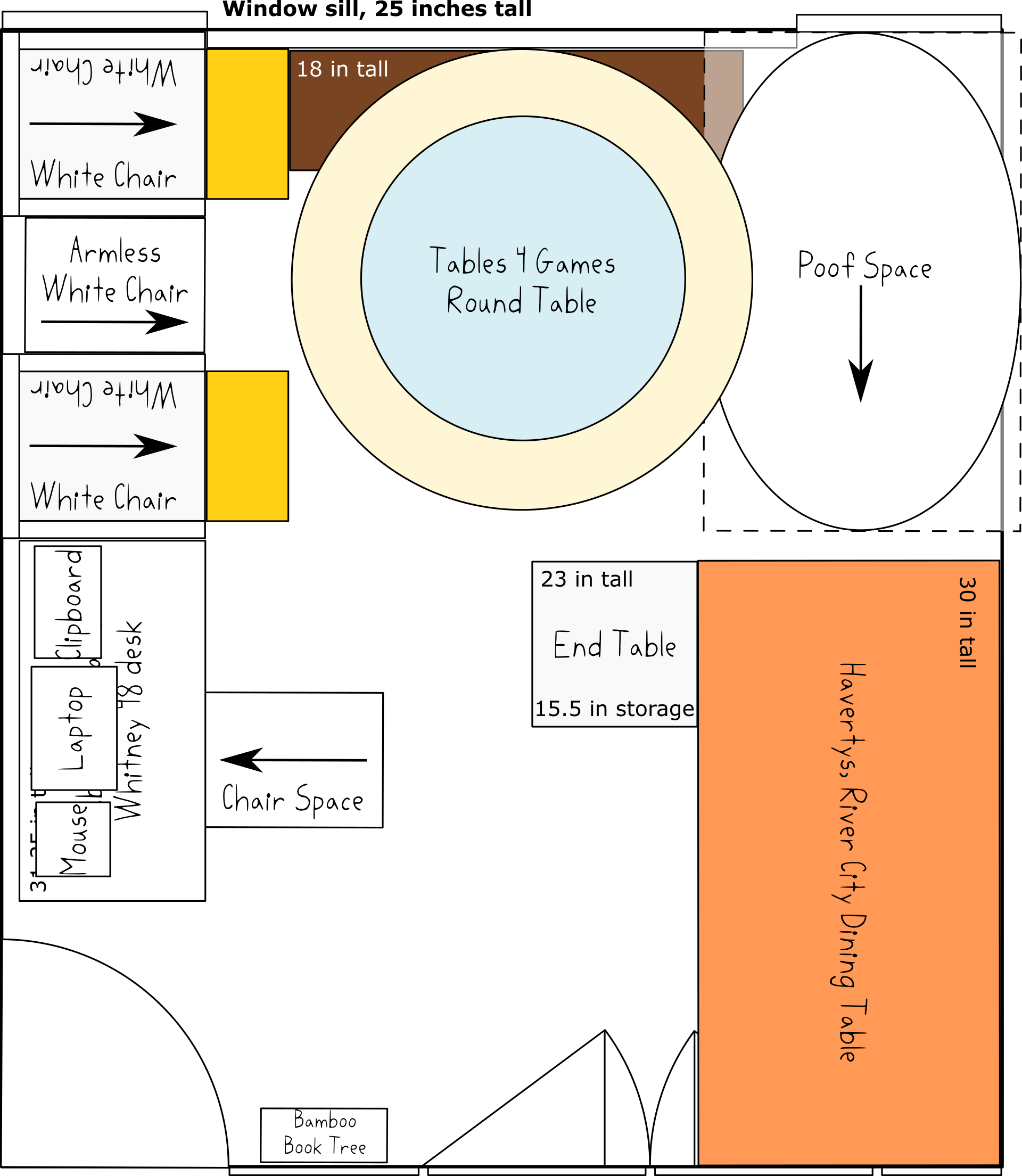 A floorplan trying to fits lots of furniture into 1 room.